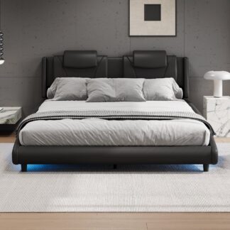 Kumix King Size Platform Bed with LED Light and Adjustable Headboard, Modern Style Faux Leather Upholstered Platform Bed for Kids Teens Adults, King Platform Bed Frame for Bedroom, Black