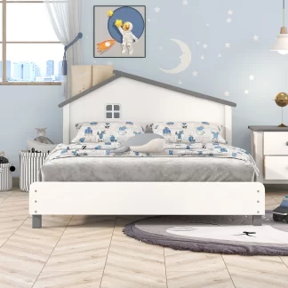 Kumix Platform Bed with House-shaped Headboard, Wood Platform Bed Full Size with 10 Slats Support for Kids Teens Adults, Noise-Free Platform Bed Frame for Bedroom, Dorm, Easy Assembly, White+Gray