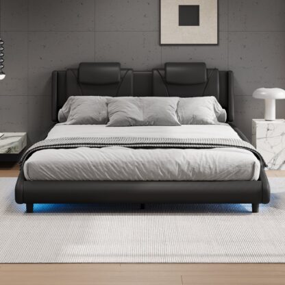 Kumix King Size Platform Bed with LED Light and Adjustable Headboard, Modern Style Faux Leather Upholstered Platform Bed for Kids Teens Adults, King Platform Bed Frame for Bedroom, Black
