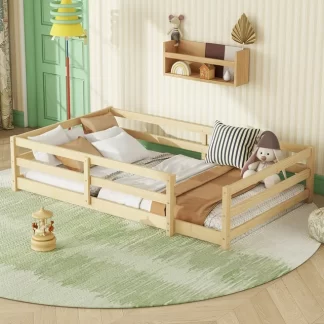 Kumix Floor Bed Twin Size, Montessori Floor Bed with Fence Guardrail, No Slats Support, Wooden Montessori Floor Bed for Kids, Girls, Boys, Toddler Floor Bed Frame for Bedroom, Noise-Free, Natural