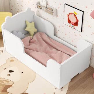 Kumix Floor Bed Twin Size, Cot Bed for Boys and Girls Ages 3-6, Bear Shape Toddler Bed with Fence Guardrail and Slats, Wooden Floor Bed for Bedroom, Noise-Free, Easy Assembly, White
