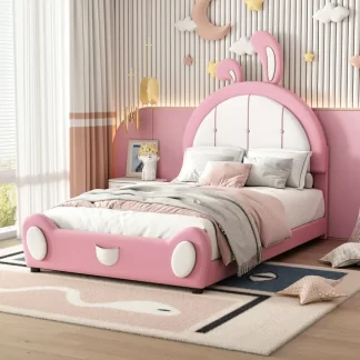 Kumix Upholstered Platform Bed with Rabbit Shaped Headboard, PU Upholstered Twin Size Platform Bed Frame for Kids Teens, Boys Girls, Twin Cute Kids Beds for Bedroom, No Box Spring Needed, Pink