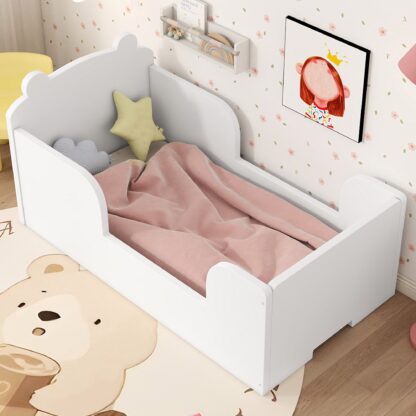 Kumix Floor Bed Twin Size, Cot Bed for Boys and Girls Ages 3-6, Bear Shape Toddler Bed with Fence Guardrail and Slats, Wooden Floor Bed for Bedroom, Noise-Free, Easy Assembly, White
