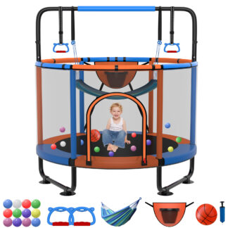 Kumix Trampoline for Kids, 54'' Toddler Trampoline with Enclosure, Swing, Basketball Hoop, 4.5FT orange
