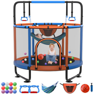 Kumix Trampoline for Kids, 60'' Toddler Trampoline with Enclosure, Swing, Basketball Hoop, 5FT orange