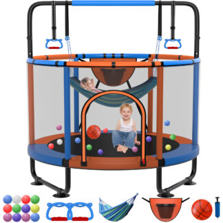 Kumix Trampoline for Kids, 66'' Toddler Trampoline with Enclosure, Swing, Basketball Hoop, 5.5FT orange