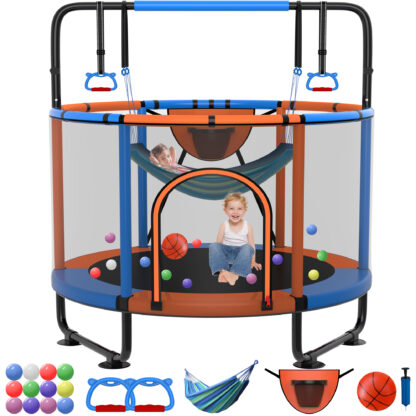 Kumix Trampoline for Kids, 66'' Toddler Trampoline with Enclosure, Swing, Basketball Hoop, 5.5FT orange