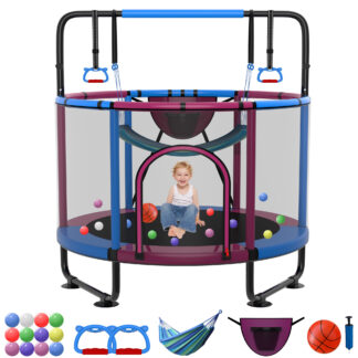 Kumix Trampoline for Kids, 54'' Toddler Trampoline with Enclosure, Swing, Basketball Hoop, 4.5FT rose red
