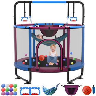 Kumix Trampoline for Kids, 60'' Toddler Trampoline with Enclosure, Swing, Basketball Hoop, 5FT rose red