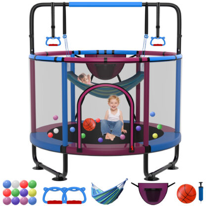 Kumix Trampoline for Kids, 60'' Toddler Trampoline with Enclosure, Swing, Basketball Hoop, 5FT rose red