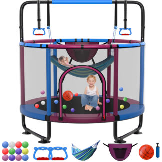 Kumix Trampoline for Kids, 66'' Toddler Trampoline with Enclosure, Swing, Basketball Hoop, 5.5FT rose red