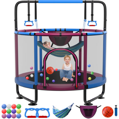 Kumix Trampoline for Kids, 66'' Toddler Trampoline with Enclosure, Swing, Basketball Hoop, 5.5FT rose red