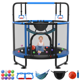 Kumix Trampoline for Kids, 54” Toddler Trampoline with Enclosure, Swing, Basketball Hoop, 4.5FT black
