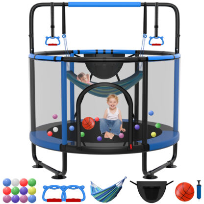 Kumix Trampoline for Kids, 60'' Toddler Trampoline with Enclosure, Swing, Basketball Hoop, 5FT black1