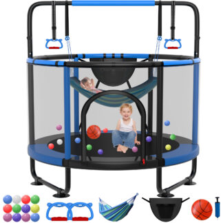 Kumix Trampoline for Kids, 66'' Toddler Trampoline with Enclosure, Swing, Basketball Hoop, 5.5FT black