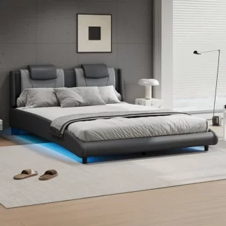 Kumix Full Size Platform Bed with LED Light and Adjustable Headboard, Modern Style Faux Leather Upholstered Platform Bed for Kids Teens Adults, Full Platform Bed Frame for Bedroom, Grey
