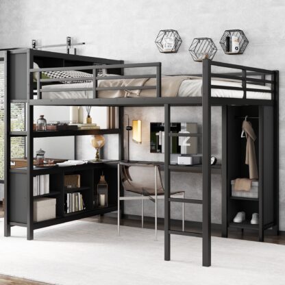 Kumix Metal Loft Bed with Wardrobe And L-shaped Desk, Queen Size Loft Bed with Storage Cubes and Shelves, Heavy Duty Loft Bed Frame for Kids Teens Adults, Noise-Free, Easy Assembly, Black