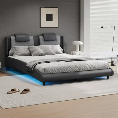 Kumix Full Size Platform Bed with LED Light and Adjustable Headboard, Modern Style Faux Leather Upholstered Platform Bed for Kids Teens Adults, Full Platform Bed Frame for Bedroom, Grey
