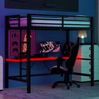 Kumix Gaming Loft Bed with Desk, USB Charging and LED Light, Metal Loft Bed Twin Size with Full-Length Guardrail and Ladder for Kids Teens Adults, Color-changing Loft Bed Frame for Bedroom, Black