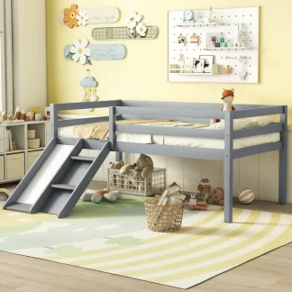 Kumix Low Loft Bed with Slide, House Loft Bed Twin Size with Ladder, Safety Guardrails for Kids Young Teens, Boys and Girls, Wooden Loft Bed Frame for Bedroom, Noise-Free, Grey