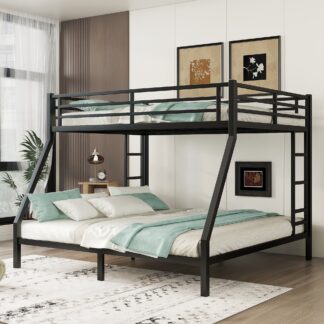 Kumix Queen over King Bunk Bed, Metal Bunk Bed with Safty Guardrail and 2 Side Ladders for Kids Teens Adults, Bunk Bed Frame for Bedroom, Space-Saving/Noise Reduced/No Box Spring Needed, Black