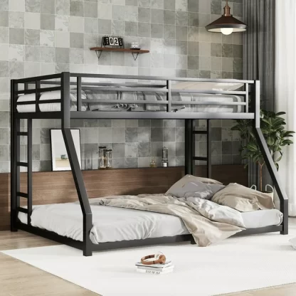 Kumix Full XL over Queen Bunk Bed, Metal Bunk Bed with Full-Length Guardrail and Ladder for Teens and Adults, Heavy Duty Bunk Bed Frame for Bedroom, Noise Reduced/No Box Spring Needed, Black