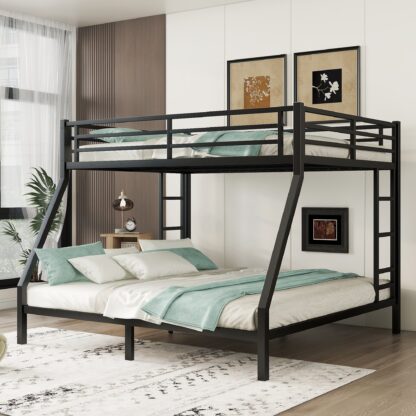 Kumix Queen over King Bunk Bed, Metal Bunk Bed with Safty Guardrail and 2 Side Ladders for Kids Teens Adults, Bunk Bed Frame for Bedroom, Space-Saving/Noise Reduced/No Box Spring Needed, Black