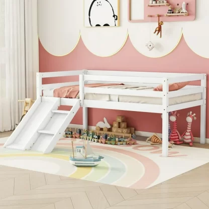 Kumix Low Loft Bed with Slide, House Loft Bed Twin Size with Ladder, Safety Guardrails for Kids Young Teens, Boys and Girls, Wooden Loft Bed Frame for Bedroom, Noise-Free, White
