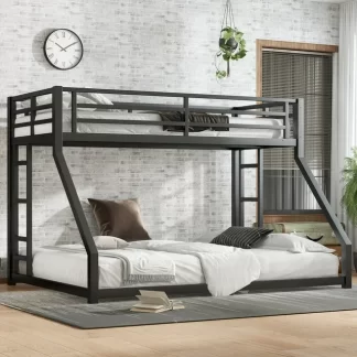 Kumix Twin XL over Queen Bunk Bed, Metal Bunk Bed with Full-Length Guardrail and Ladder for Teens and Adults, Heavy Duty Bunk Bed Frame for Bedroom, Noise Reduced/No Box Spring Needed, Black