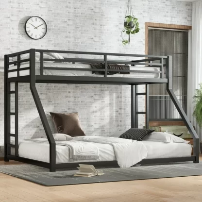 Kumix Twin XL over Queen Bunk Bed, Metal Bunk Bed with Full-Length Guardrail and Ladder for Teens and Adults, Heavy Duty Bunk Bed Frame for Bedroom, Noise Reduced/No Box Spring Needed, Black