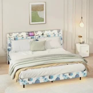 Kumix Queen Floating Bed with LED Light and Charging Station, Upholstered Platform Bed Frame with Headboard and Hidden Storage Space for Kids Teens Adults, No Box Spring Needed, Blue
