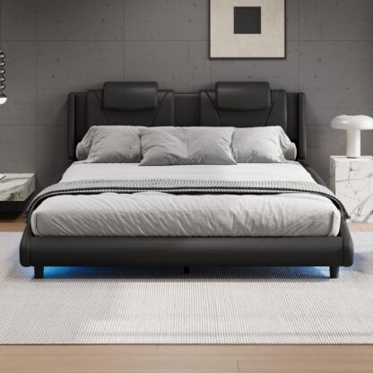 Kumix King Size Platform Bed with LED Light and Adjustable Headboard, Modern Style Faux Leather Upholstered Platform Bed for Kids Teens Adults, King Platform Bed Frame for Bedroom, Black