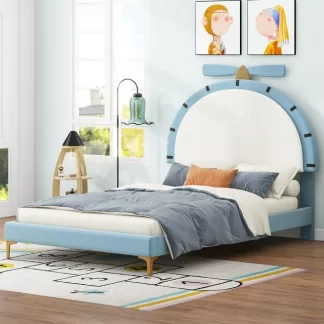 Kumix Platform Bed with Alarm Clock Shaped Headboard, Upholstered Platform Bed Twin Size for Kids Teens Boys and Girls, Velvet Platform Bed Frame for Bedroom, Noise-Free, Easy Assembly, Blue