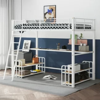 Kumix Twin Size Loft Bed with Desk, Storage Shelves and Charging Station, Metal Loft Bed with Full-Length Guardrail and Ladder for Kids Teens Adults, Heavy Duty Loft Bed Frame for Bedroom, White