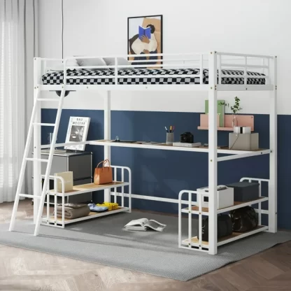 Kumix Twin Size Loft Bed with Desk, Storage Shelves and Charging Station, Metal Loft Bed with Full-Length Guardrail and Ladder for Kids Teens Adults, Heavy Duty Loft Bed Frame for Bedroom, White