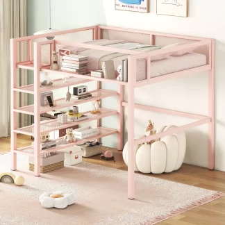 Kumix Full Size Loft Bed with 4-Tier Shelves and Storage, Metal Full Loft Beds Frame with Ladders & Safety Guard Rail for Kids Teens Adults, Space-Saving, Noise Free, No Box Spring Needed, Pink