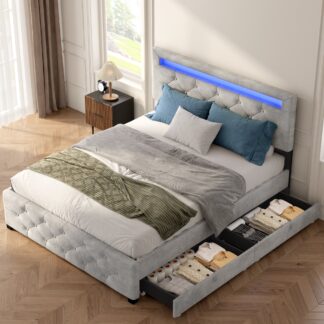 Kumix Upholstered Platform Bed Frame with 4 Drawers and LED Light, Full Size Storage Platform Bed Frame with Headboard for Kids Teens Adults, Metal Bed Frame, No Box Spring Needed, Noise-Free, Grey