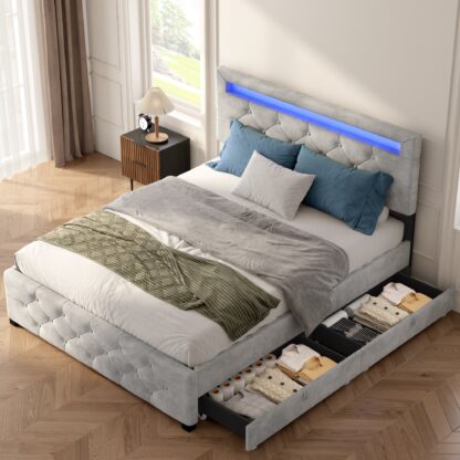 Kumix Upholstered Platform Bed Frame with 4 Drawers and LED Light, Full Size Storage Platform Bed Frame with Headboard for Kids Teens Adults, Metal Bed Frame, No Box Spring Needed, Noise-Free, Grey