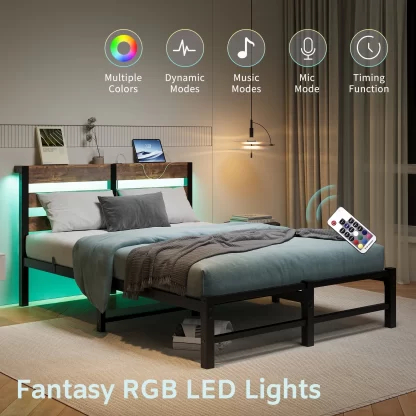 Kumix Platform Bed with USB Charging Station, LED, Metal Full Size Platform with Headboard and Storage Shelf for Kids Teens Adults, Full Platform Bed Frame, Strong Steel Slats, Noise Free, Brown