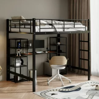 Kumix Metal Loft Bed with Built-in Desk and Shelves, Full Size Loft Bed with Guardrail and Ladder for Kids Teens Adults, Full Loft Bed Frame for Bedroom, Noise-Free, Easy Assembly, Black+Brown