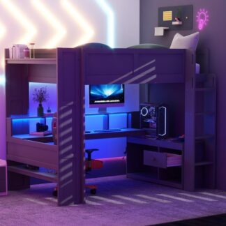 Kumix Gaming Loft Bed with Desk, Multi-storage Shelves, LED and Charging Station, Wood Full Size Loft Bed with Full-Length Guardrail and Ladder for Kids Teens Adults, Full Loft Bed Frame, Gray