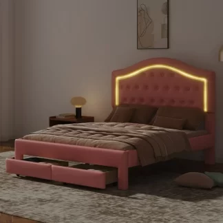 Kumix Upholstered Platform Bed with LED and 2 Drawers, Queen Size Platform Bed Tufted Headboard for Kids Teens Adults, Modern Faux Leather Princess Beds for Bedroom, Noise-Free, Easy Assembly, Pink