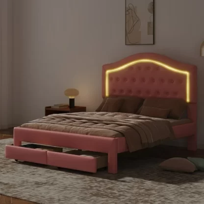 Kumix Upholstered Platform Bed with LED and 2 Drawers, Queen Size Platform Bed Tufted Headboard for Kids Teens Adults, Modern Faux Leather Princess Beds for Bedroom, Noise-Free, Easy Assembly, Pink