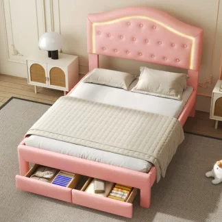 Kumix Upholstered Platform Bed with LED and 2 Drawers, Full Size Platform Bed Tufted Headboard for Kids Teens Adults, Modern Faux Leather Princess Beds for Bedroom, Noise-Free, Easy Assembly, Pink