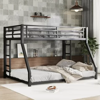 Kumix Full XL over Queen Bunk Bed, Metal Bunk Bed with Full-Length Guardrail and Ladder for Teens and Adults, Heavy Duty Bunk Bed Frame for Bedroom, Noise Reduced/No Box Spring Needed, Black