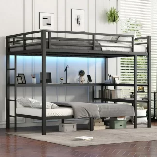 Kumix Full XL Twin Bunk Bed with Desk and Shelves, Metal Loft Bed with Multiple Placement, with LED and USB for Kids Teens Adults, Noise Free Bunk Bed Frame for Bedroom, Easy Assembly, Black