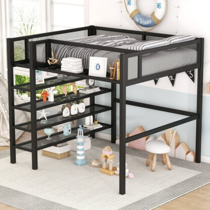 Kumix Full Size Loft Bed with 4-Tier Shelves and Storage, Metal Full Loft Beds Frame with Ladders & Safety Guard Rail for Kids Teens Adults, Space-Saving, Noise Free, No Box Spring Needed, Black