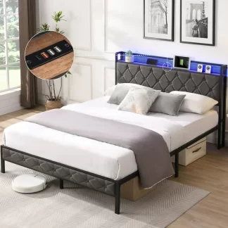 Kumix Full Size Platform Bed with Storage Headboard, Charging Station and LED Lights, Upholstered Platform Bed with Heavy Metal Slats for Kids Teens Adults, Noise Free, Easy Assembly, Dark Gray