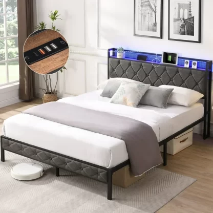 Kumix Full Size Platform Bed with Storage Headboard, Charging Station and LED Lights, Upholstered Platform Bed with Heavy Metal Slats for Kids Teens Adults, Noise Free, Easy Assembly, Dark Gray