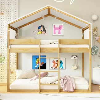 Kumix Twin over Twin Bunk Bed, Wooden House Bunk Bed with Tent, Full-Length Guardrail and Ladder for Kids Teens Adults, Low Bunk Bed Frame for Bedroom, 2 in 1 Bunk Bed, Noise-Free, Natural